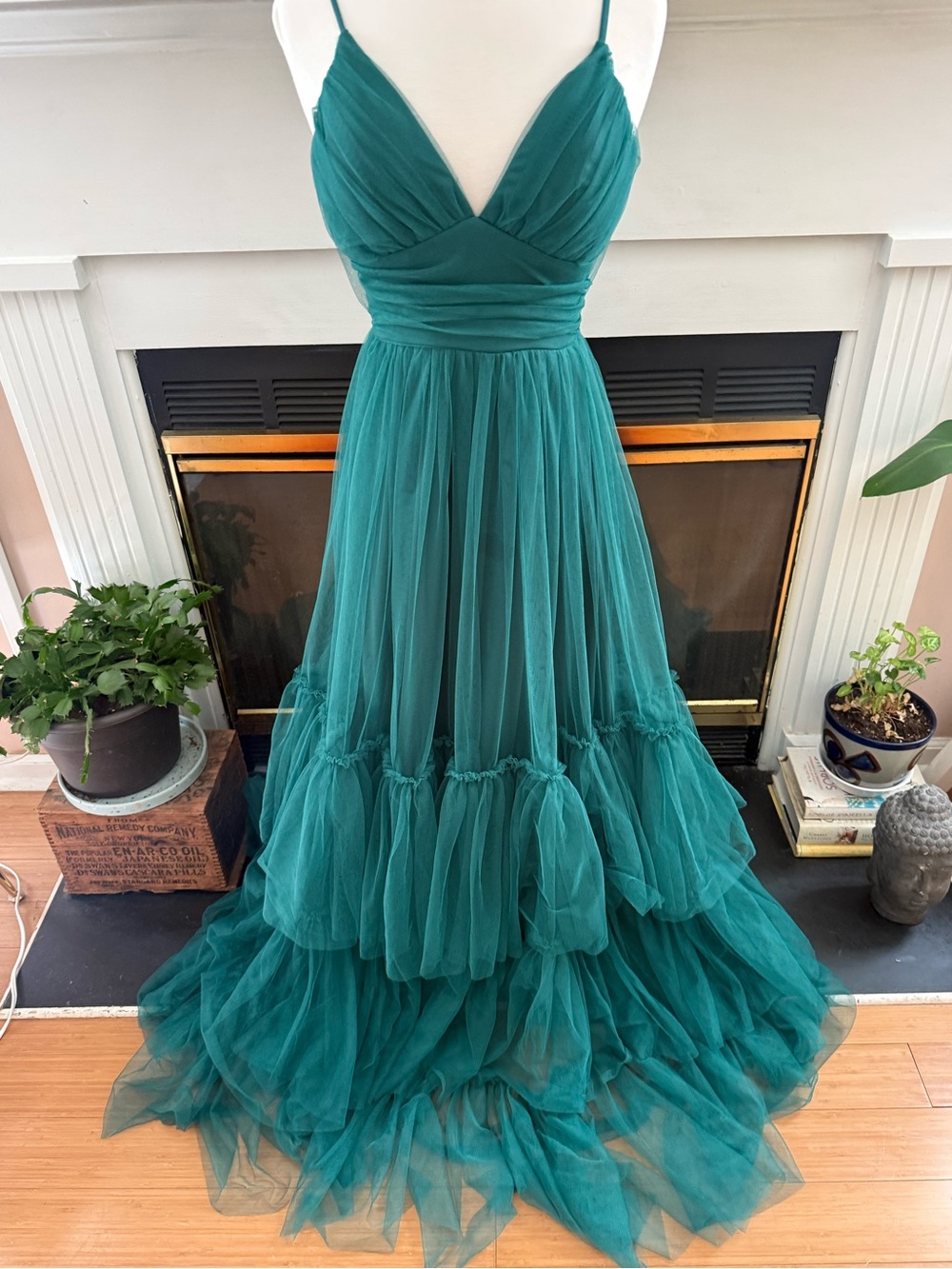 Teal Tiered Tulle Maxi Dress with Plunging V-Neck Formal Photo shoot Prom Party